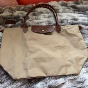 Longchamp Beige Nylon Tote with Brown Leather Trim
